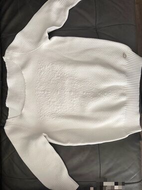 CHANEL White Textured Crew Neck Sweater with Signature Detail